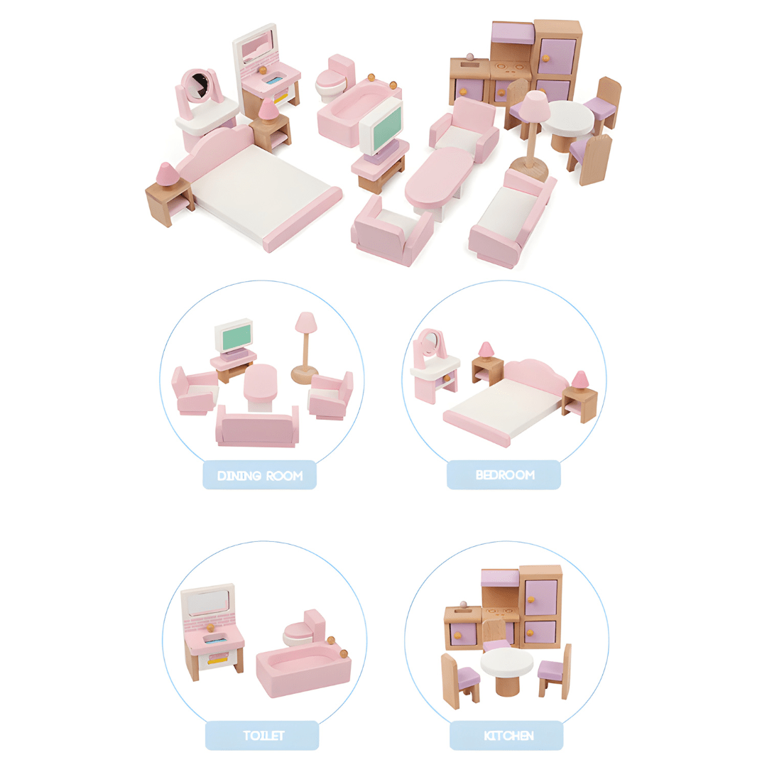 Children’s wooden dollhouse with full furniture and accessories – Beirut