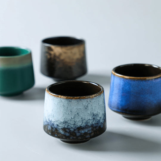 Japanese ceramic tea cups 200ml with unique reactive glaze, durable and safe for tea, coffee, or sake – available in Beirut Lebanon.