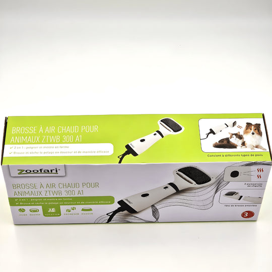 Zoofari 2-in-1 pet dryer with brush, 300W quiet grooming tool with rounded stainless steel bristles, gently dries and detangles all coat types.