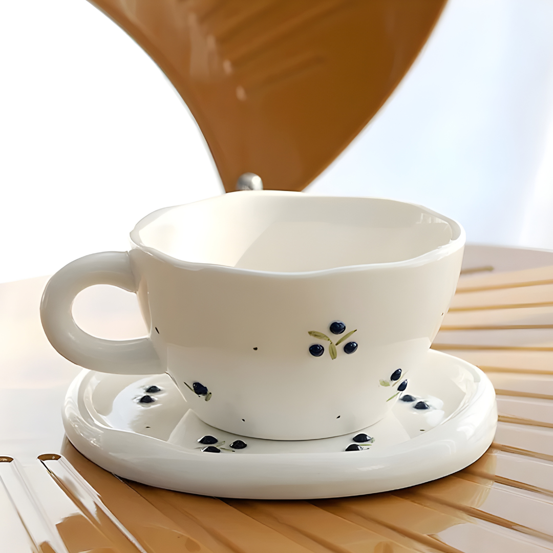 300 ml Hand-Pinched Ceramic Mug and Saucer with Vintage Cherry Embossed Design