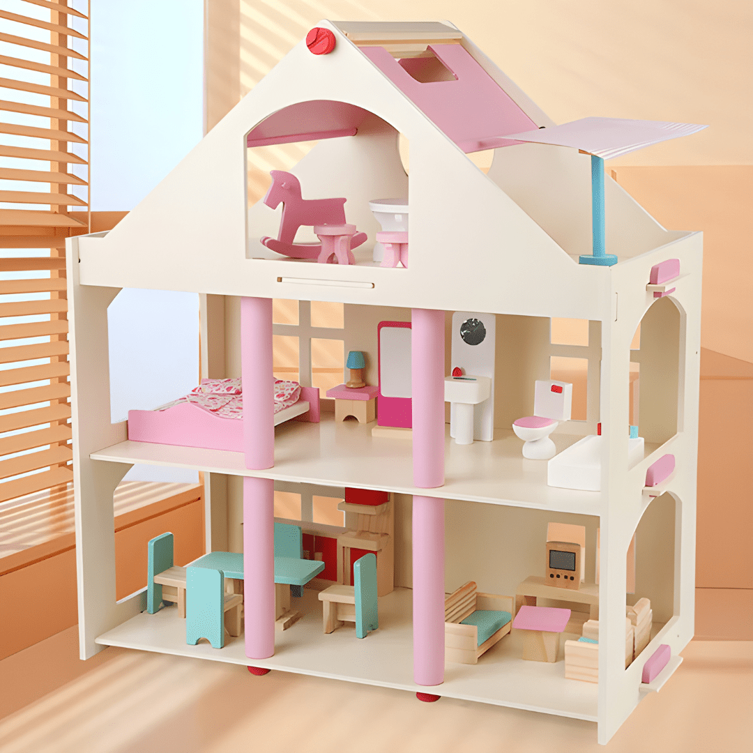 Wooden Dollhouse with Full Furniture Set – 3-Level Playhouse