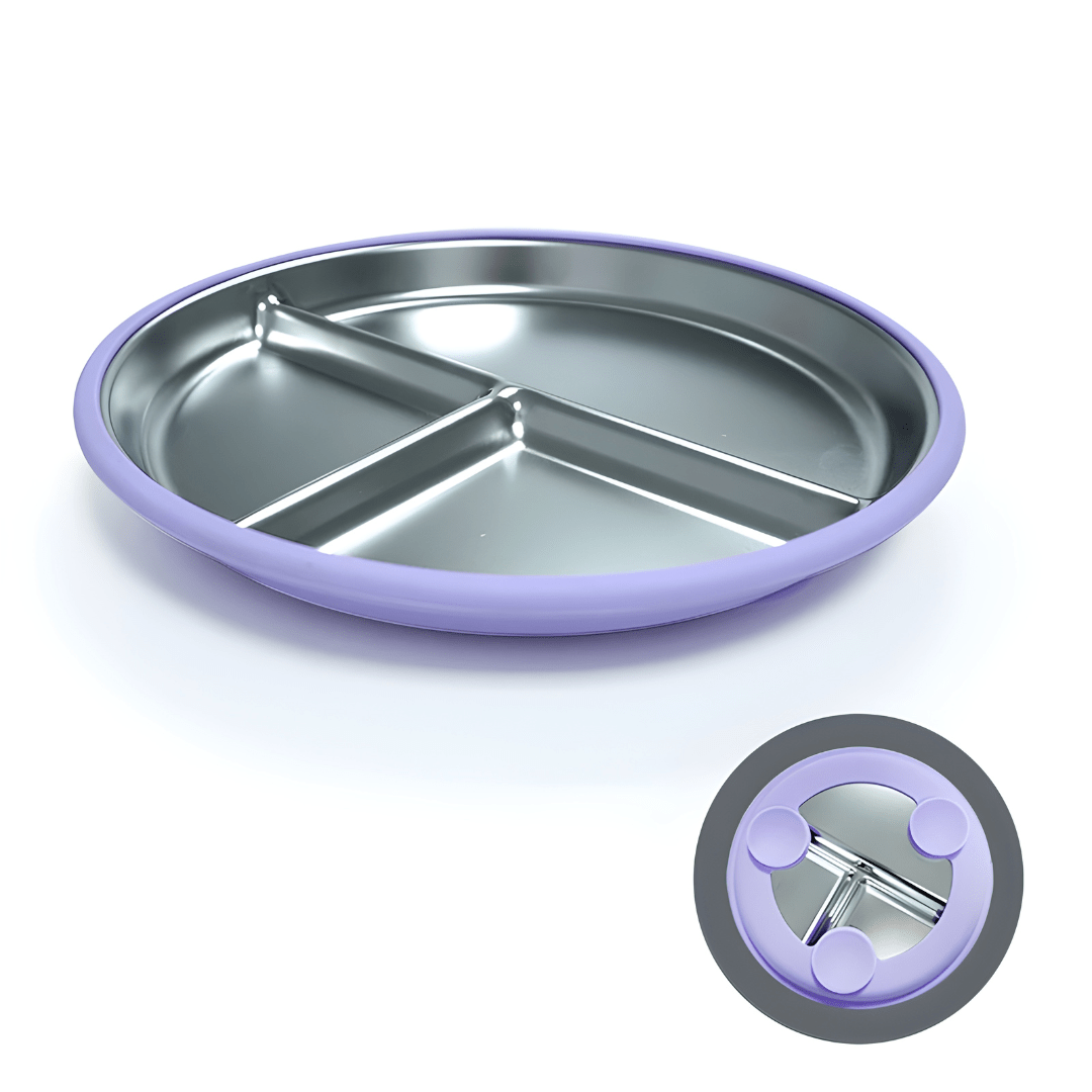 Stainless steel and silicone suction plate for babies with divided sections