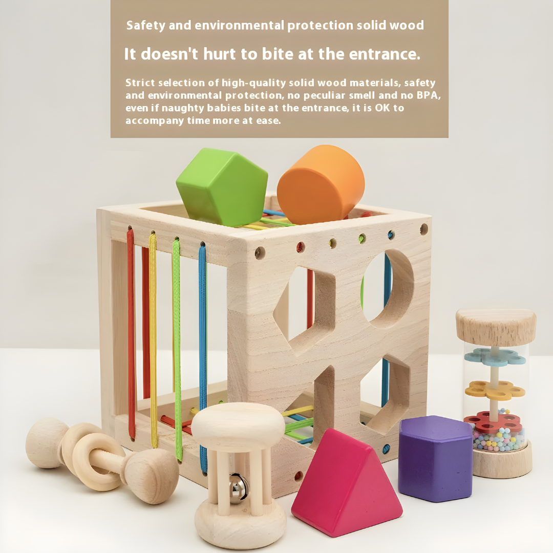 Montessori wooden shape sorting cube toy for toddlers in Beirut Lebanon