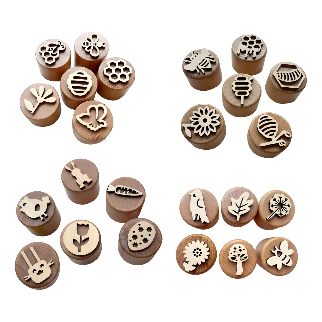 Woodland Nature wooden stamp blocks with bird, leaf, dandelion, flower, mushroom and bee designs