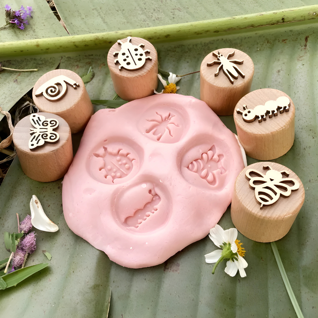 Woodland Nature wooden stamp blocks with bird, leaf, dandelion, flower, mushroom and bee designs