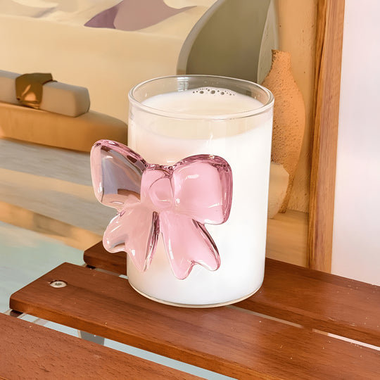 300ml clear glass cup with pink 3D bow design – borosilicate and heat-resistant