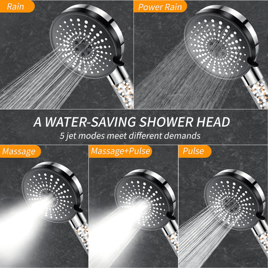 5-in-1 high-pressure filtered shower head with hose and mineral beads