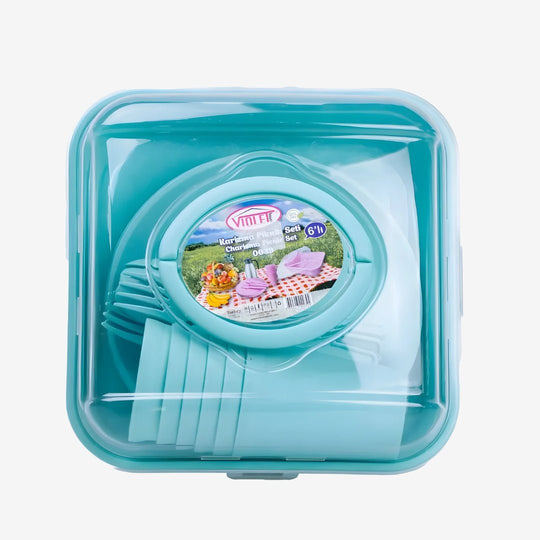 Violet 32-piece picnic tableware set with storage box – includes plates, glasses, forks, spoons, and knives, BPA-free and ideal for outdoor use