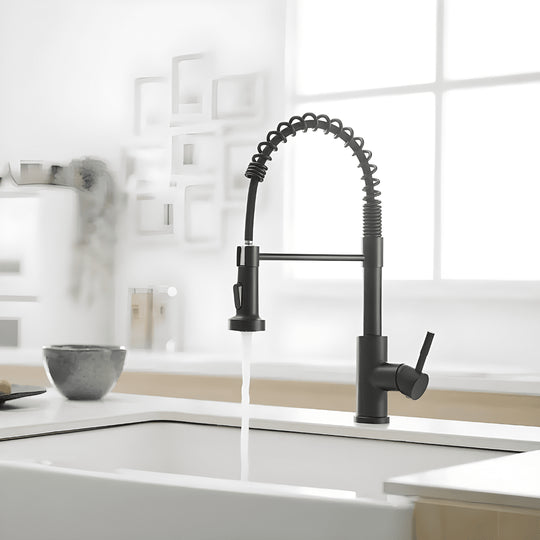 Pull-out kitchen sink faucet with 360 degree rotating spring design