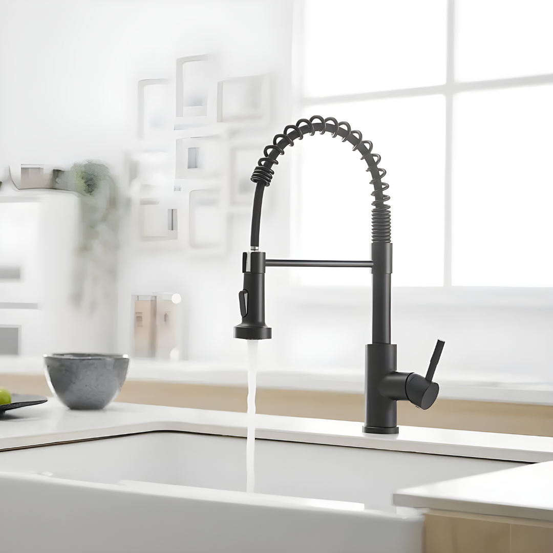Pull-out kitchen sink faucet with 360 degree rotating spring design