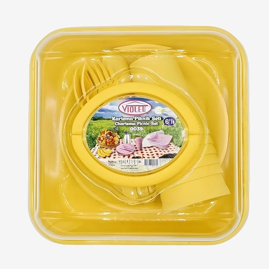 Violet 32-piece picnic tableware set with storage box – includes plates, glasses, forks, spoons, and knives, BPA-free and ideal for outdoor use