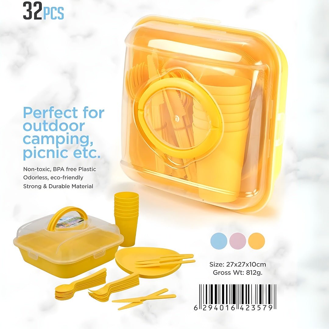 Violet 32-piece picnic tableware set with storage box – includes plates, glasses, forks, spoons, and knives, BPA-free and ideal for outdoor use