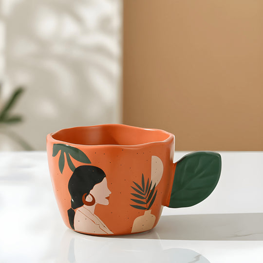400ml hand-printed ceramic mug with leaf handle and artistic face design – Beirut Lebanon