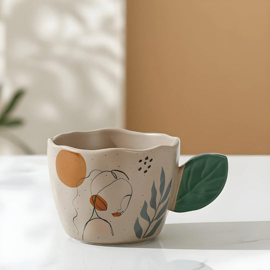400ml hand-printed ceramic mug with leaf handle and artistic face design – Beirut Lebanon