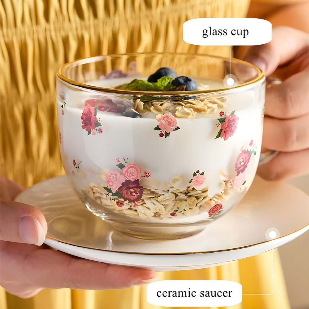 Elegante glazen mok van 470 ml met keramische schotel