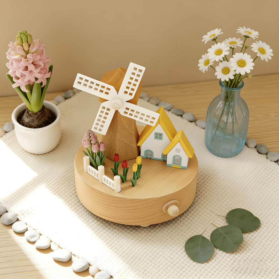Handcrafted wooden windmill music box with rotating sails and natural wood finish, playing Castle in the Sky melody.