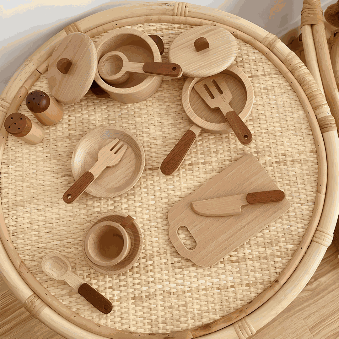 15-piece premium wooden cooking utensils pretend play set for kids age 3+, safe Montessori toy kitchen set for toddlers in Lebanon