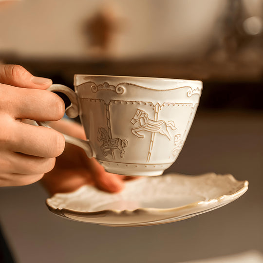 260ml Embossed Bone China Coffee Cup with Saucer