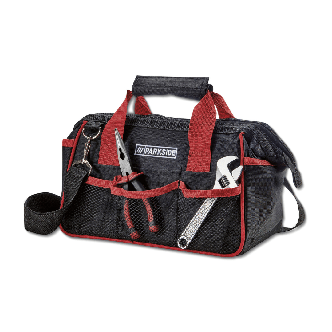 PARKSIDE® 23-piece tool set with pliers, screwdrivers, hammer, wrench, and tape measure in a compact storage bag for home and DIY repairs.