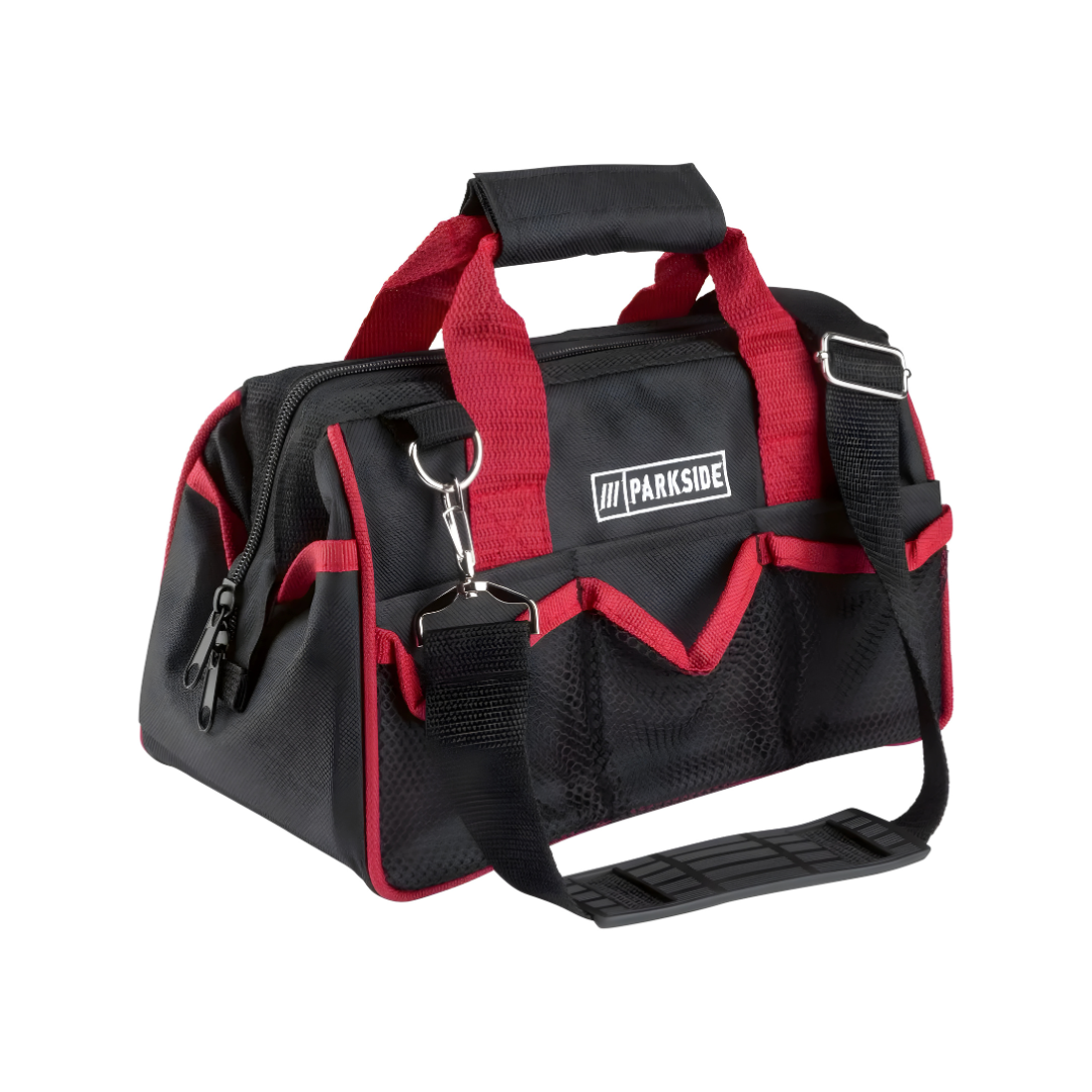 PARKSIDE® 23-piece tool set with pliers, screwdrivers, hammer, wrench, and tape measure in a compact storage bag for home and DIY repairs.
