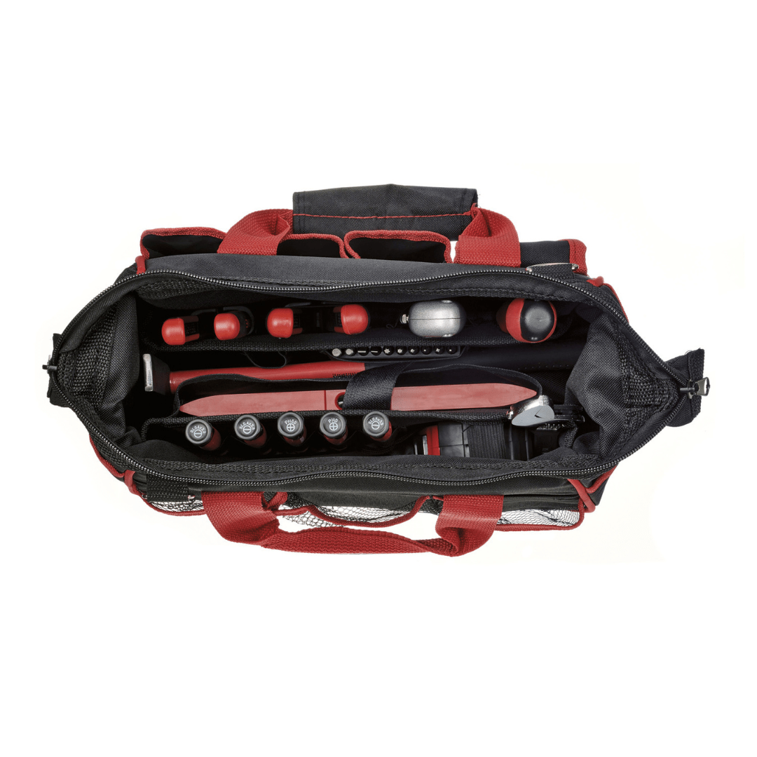 PARKSIDE® 23-piece tool set with pliers, screwdrivers, hammer, wrench, and tape measure in a compact storage bag for home and DIY repairs.