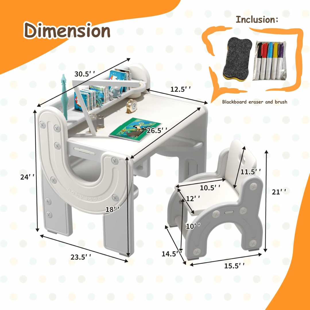 Kids Drawing Table and Chair Set with Erasable Tabletop