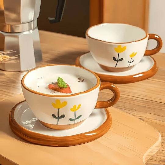 Hand-painted Korean-style ceramic coffee cup with saucer, 250ml – elegant and artisanal drinkware in Lebanon