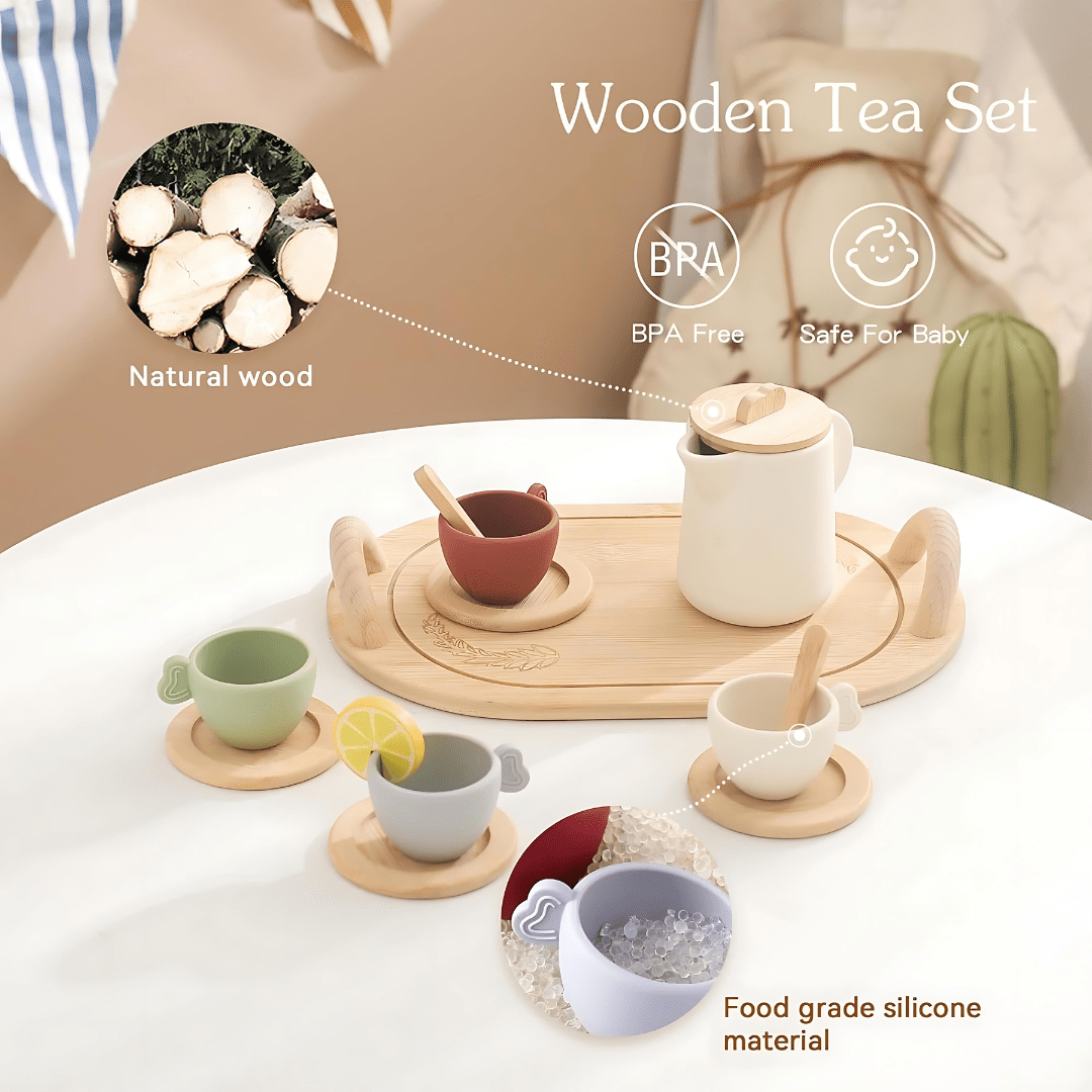 Wooden toy tea party set for kids – 13-piece BPA-free silicone and wood play tea set in Morandi soft tones, safe and fun pretend play gift available in Beirut Lebanon