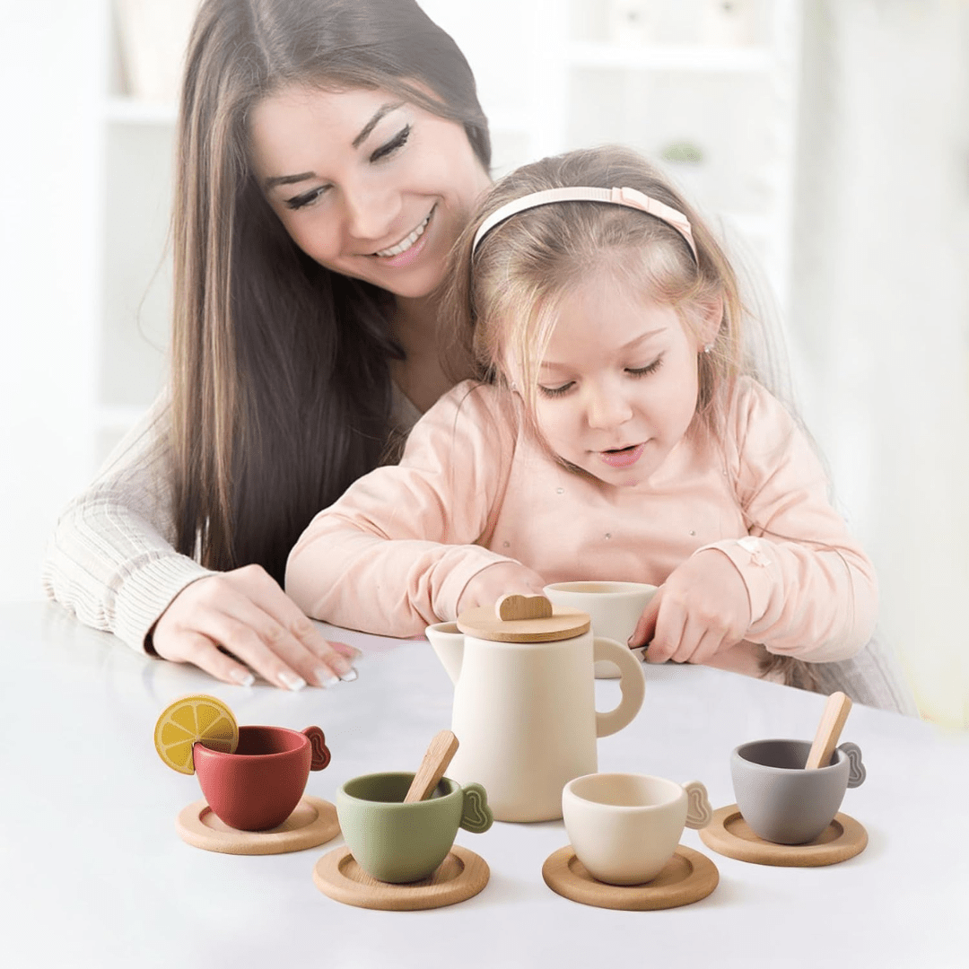 Wooden toy tea party set for kids – 13-piece BPA-free silicone and wood play tea set in Morandi soft tones, safe and fun pretend play gift available in Beirut Lebanon