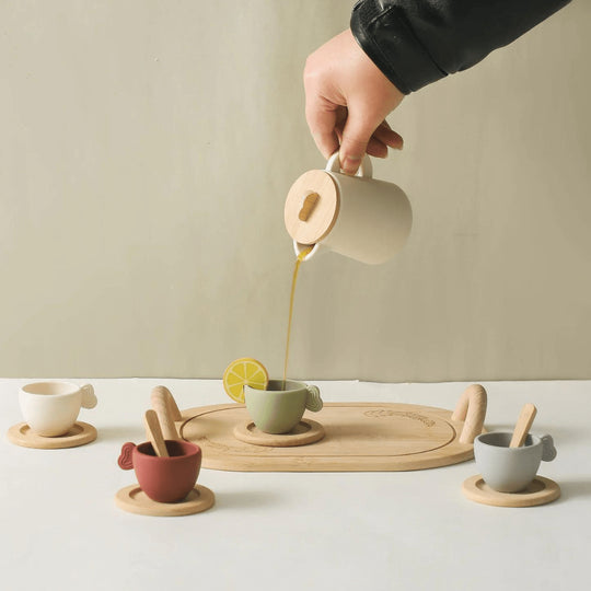 Wooden toy tea party set for kids – 13-piece BPA-free silicone and wood play tea set in Morandi soft tones, safe and fun pretend play gift available in Beirut Lebanon