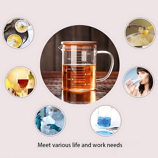 Maatbeker met dubbele wand van borosilicaatglas en houten deksel, 350 ml/500 ml/1 l
