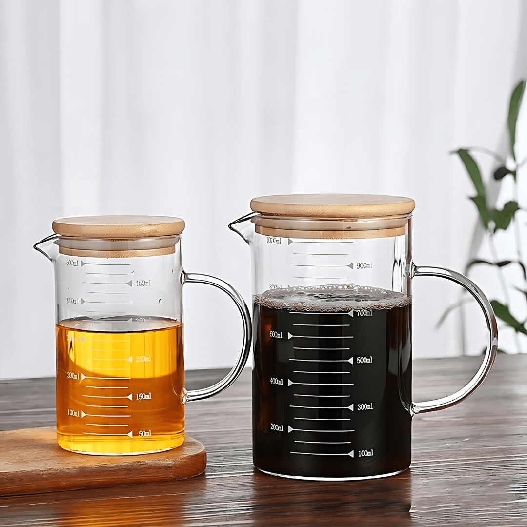 High Borosilicate Double Wall Measuring Glass Cup with Wooden Lid - European House Hold