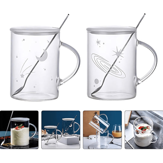 Sterrenhemel lichtgevende creatieve heldere glazen beker 450 ml met deksel en lepel