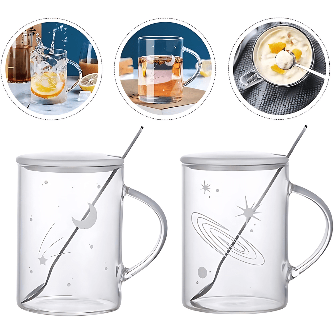 Starry Sky Luminous Creative Clear Glass Cup 450ML With Lid And Spoon