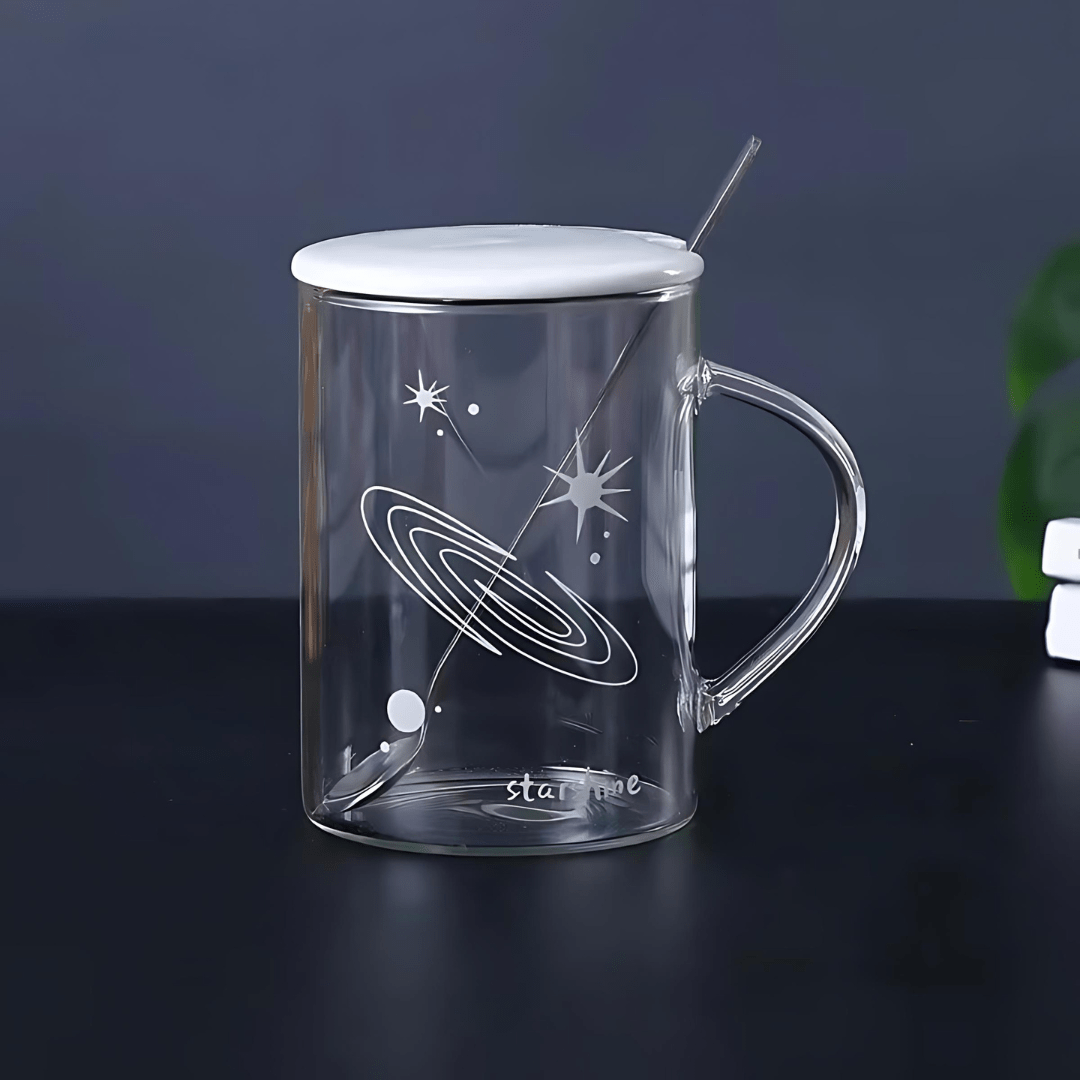 Starry Sky Luminous Creative Clear Glass Cup 450ML With Lid And Spoon