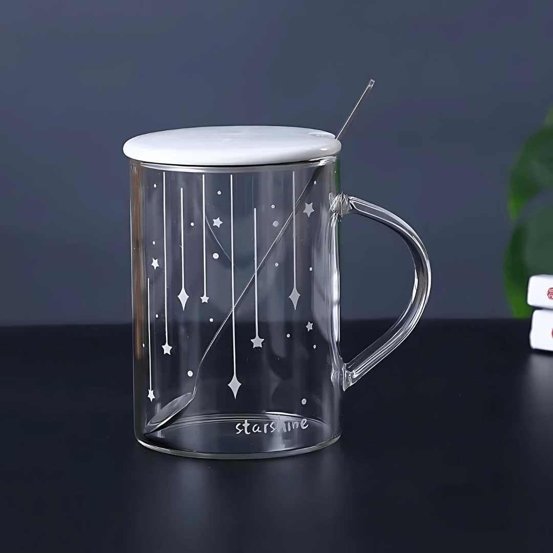 Starry Sky Luminous Creative Clear Glass Cup 450ML With Lid And Spoon
