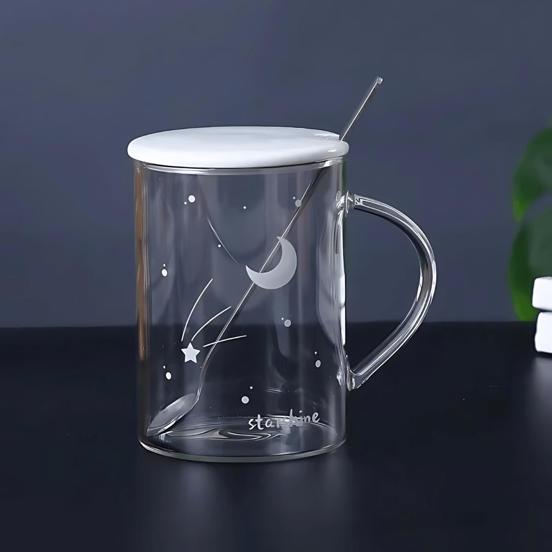 Starry Sky Luminous Creative Clear Glass Cup 450ML With Lid And Spoon
