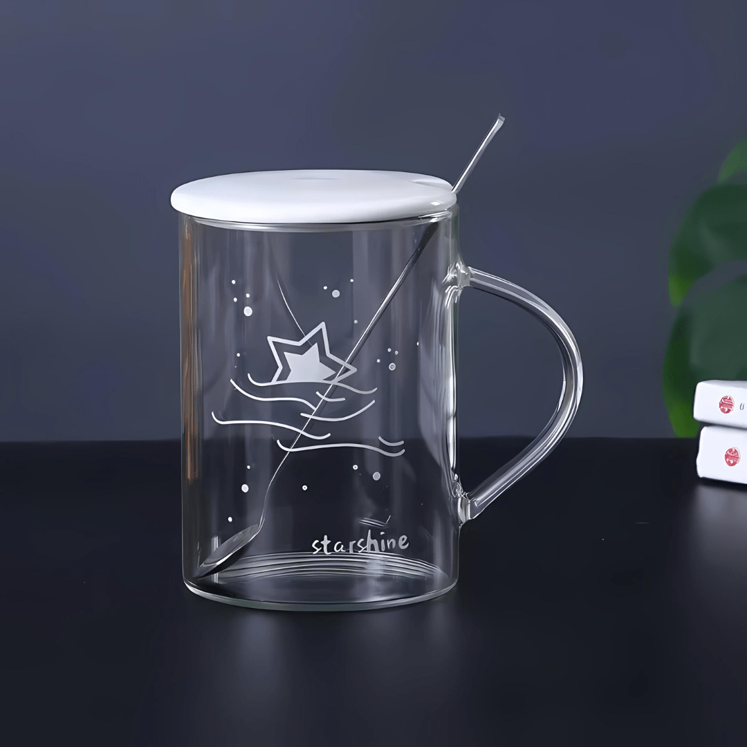 Starry Sky Luminous Creative Clear Glass Cup 450ML With Lid And Spoon