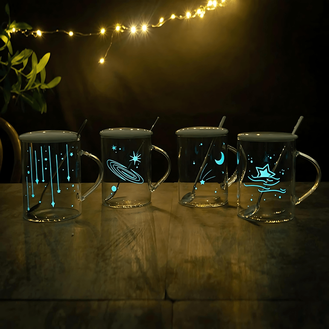 Starry Sky Luminous Creative Clear Glass Cup 450ML With Lid And Spoon