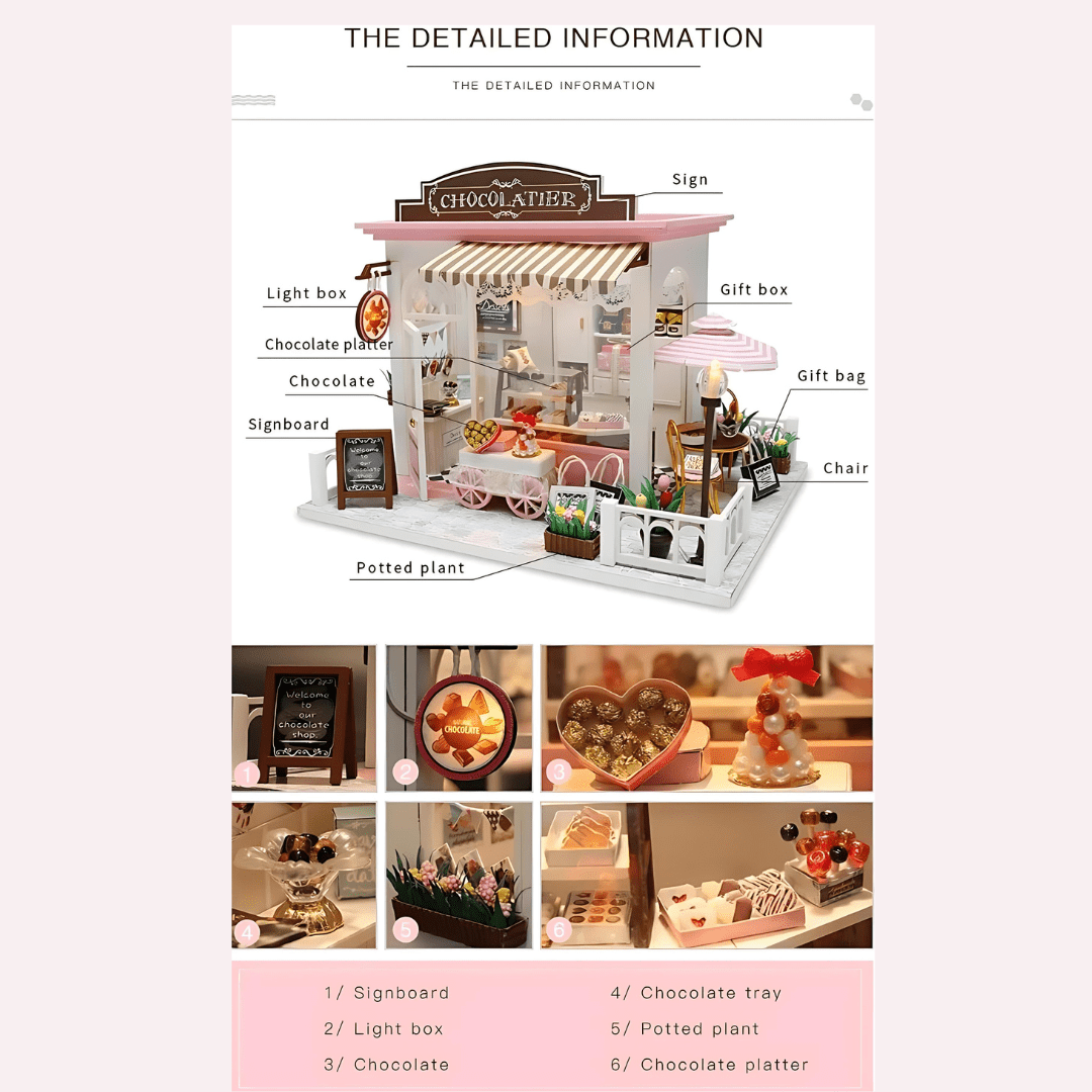 DIY Chocolatier Wooden Miniature Dollhouse Kit With LED Light