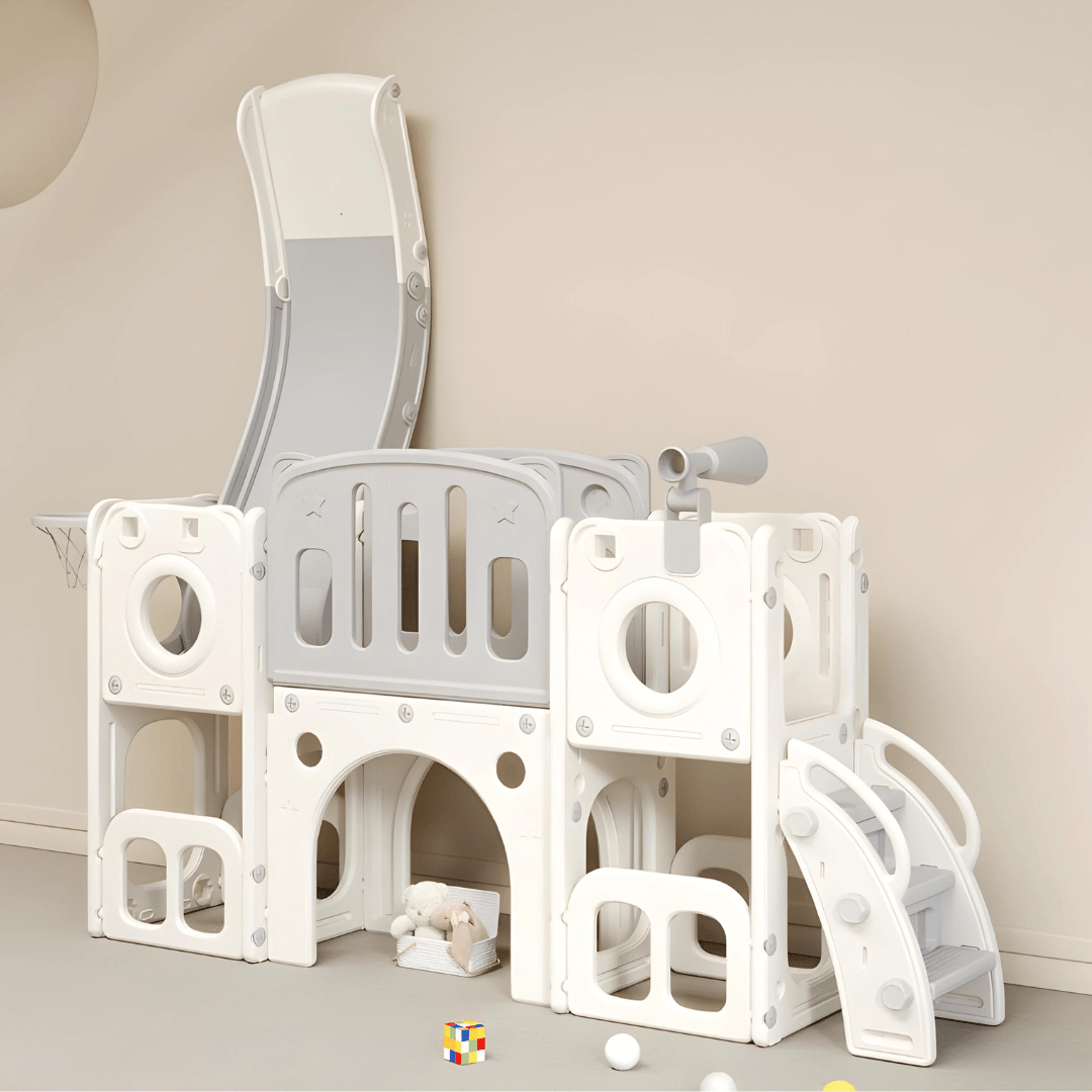 بيت لعب مزدوج البرج مع زحليقة، مجموعة متينة للاستخدام الداخلي والخارجي للأطفال الصغار من عمر 12 شهرًا فما فوق