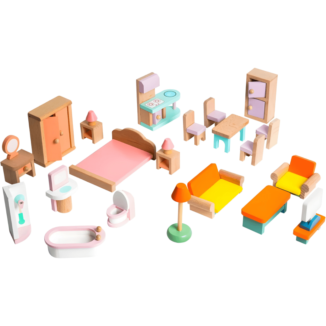 Wooden dollhouse furniture set 24 pieces for kids pretend play, solid wood toy gift available in Beirut Lebanon