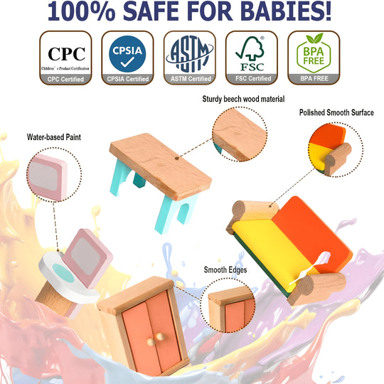 Wooden dollhouse furniture set 24 pieces for kids pretend play, solid wood toy gift available in Beirut Lebanon