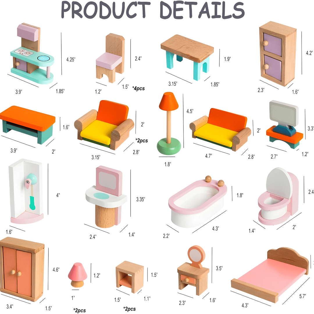 Wooden dollhouse furniture set 24 pieces for kids pretend play, solid wood toy gift available in Beirut Lebanon