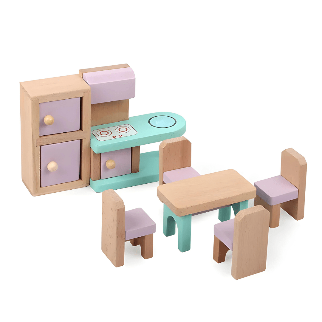 Wooden dollhouse furniture set 24 pieces for kids pretend play, solid wood toy gift available in Beirut Lebanon