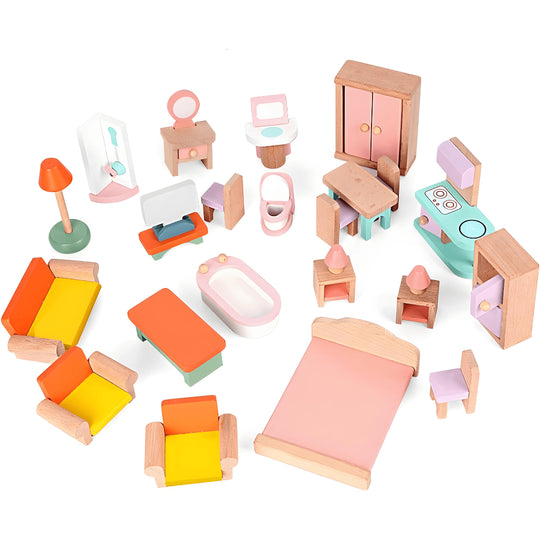 Wooden dollhouse furniture set 24 pieces for kids pretend play, solid wood toy gift available in Beirut Lebanon