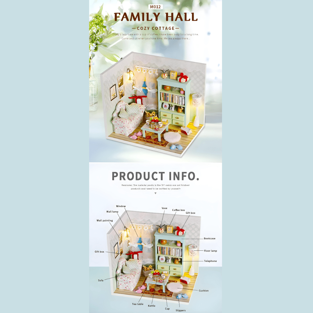 DIY Wooden Family Hall Miniature Dollhouse Kit With LED Light