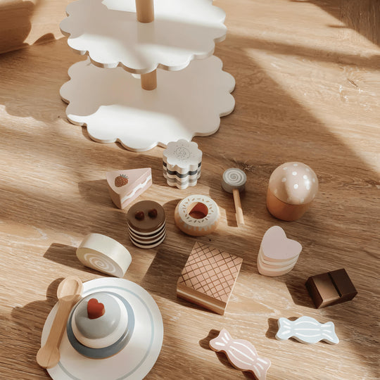 Wooden Montessori cake tower toy for kids in Beirut Lebanon, pastel stacking educational toy for learning and play