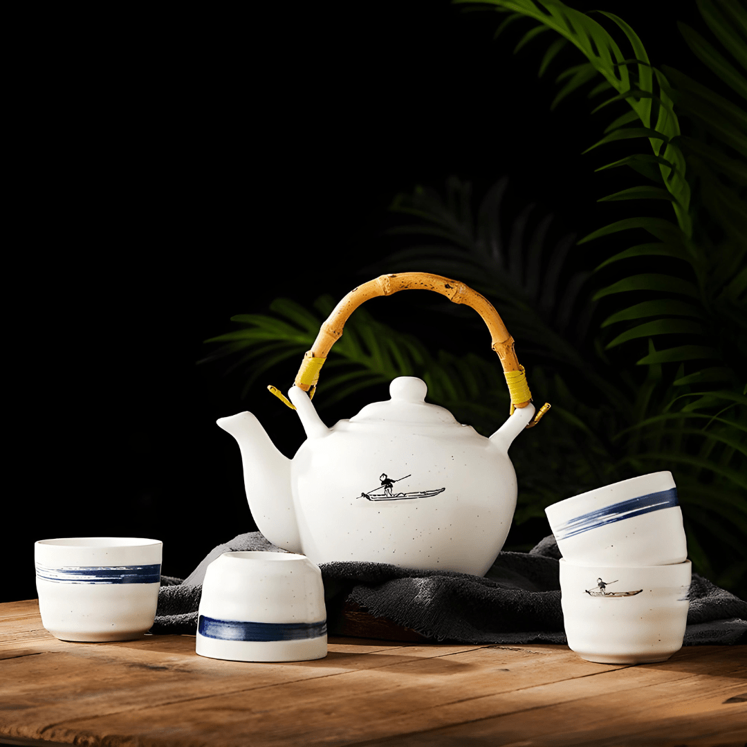 Ceramic Tea Pot Set 800ML White & Blue