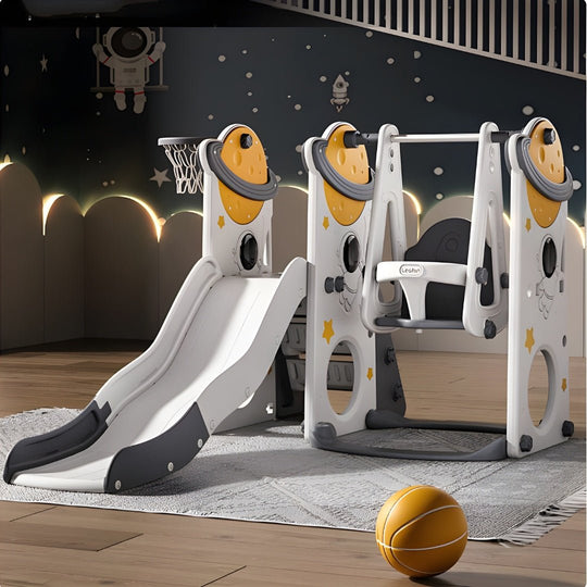 مجموعة أرجوحة ومنزلق 3 في 1 للأطفال بطابع فضائي: حلقة كرة سلة، وارتفاع مقعد قابل للتعديل للاستمتاع بملعب الأطفال الصغار، ومركز أنشطة داخلي وخارجي